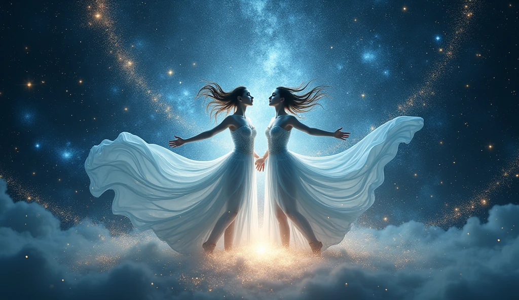 A magical scene featuring two ethereal figures, representing the twins, emerging from a starry sky. They are intertwined in a dance, surrounded by swirling stardust and constellations, with stars forming the Gemini symbol above them.