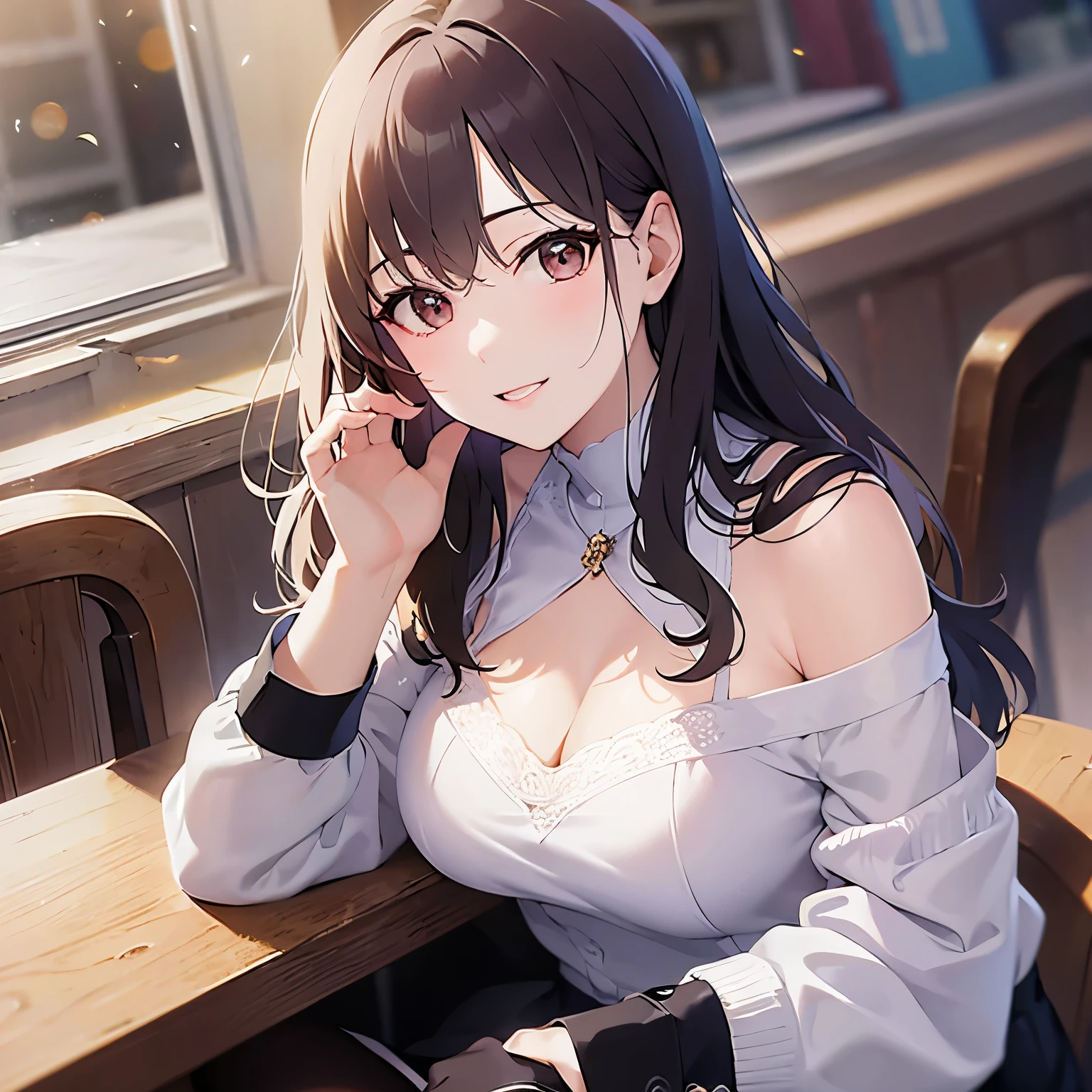 leaning forward, Shooting from above、Upper Body, Realistic, real person, (pale skin: 1.2), RAW photo, photorealistic, shiny skin, shiny hair、(A 2 woman with medium-length hair and bangs) and (wavy hair) and (brown hair) and (orange eyes) , White off-shoulder blouse 、smile, Cleavage, The background is a cafe、Alone、Sitting in a chair