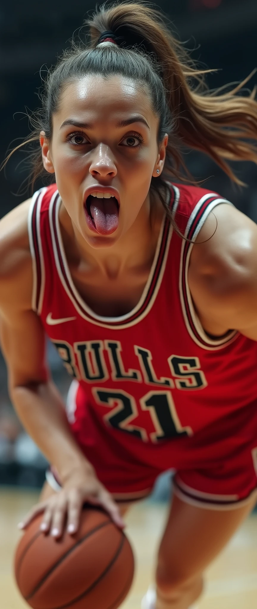 (masterpiece),(Highest quality),(Very detailed),(Ultra-high resolution),(Realistic:2.0),(RAW Photos:2.0),8k,wallpaper,(11 women:2.0),(Very beautiful woman:2.0),(Women basketball players:2.0),(Jump high with the ball in one hand to dunk:2.0),(From above:2.0),(Chicago Bulls uniform:2.0),(The woman is sticking out her tongue:2.0),(Serious:2.0),(Very detailed顔:2.0),(Very detailed手:2.0),(Detailed tongue:2.0),(Muscular:2.0),(dynamic:2.0),(Basketball court),(dynamic:2.0),(VFX:2.0,CG:2.0),(Close-up of face:1.6)