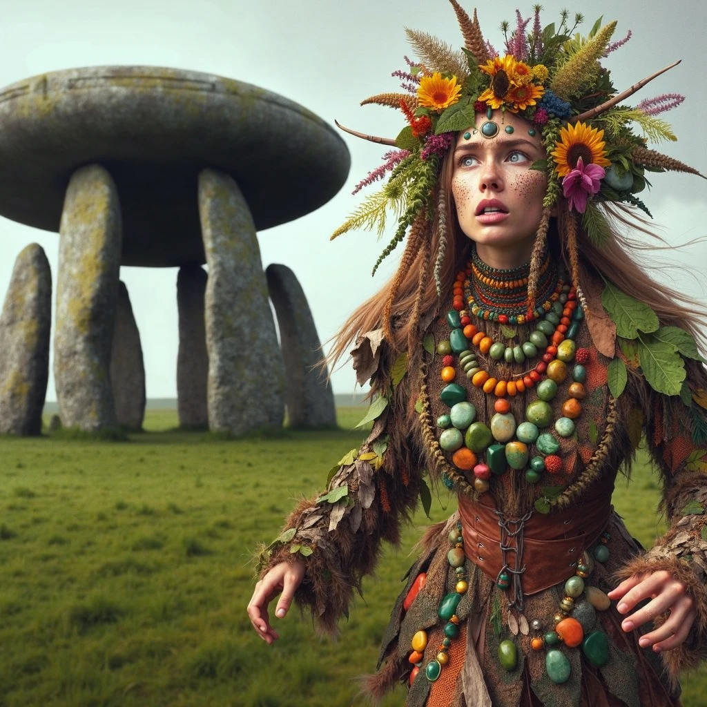 beautiful Neolithic female nature wanderer, wearing clothing made from natural materials like leaves and bark inset with vibrant pebble beads and colorful flowers, with an intense and panicked expression, running away from an enigmatic towering humongous ornated Shuttle spaceship like Stone Structure that mysteriously appears overnight near her village stone circle, detailed beautiful face, insanely detailed and intricate otherworldly Neolithic nature scene background, ultra photo realistic oil on canvas painting