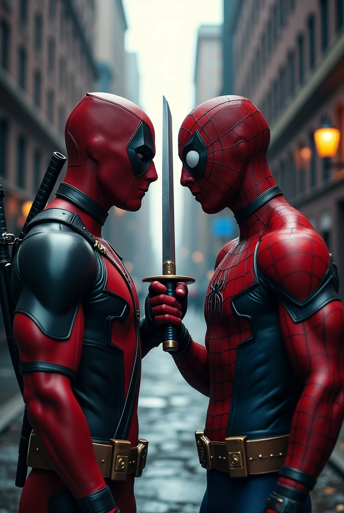 Deadpool and spideramn standing with katana in there hand deadpool and spider man holding katana to eachothers neck Deadpool holding katana in his hand to spideramans throat spideraman holding katana in his hand to Deadpools throat