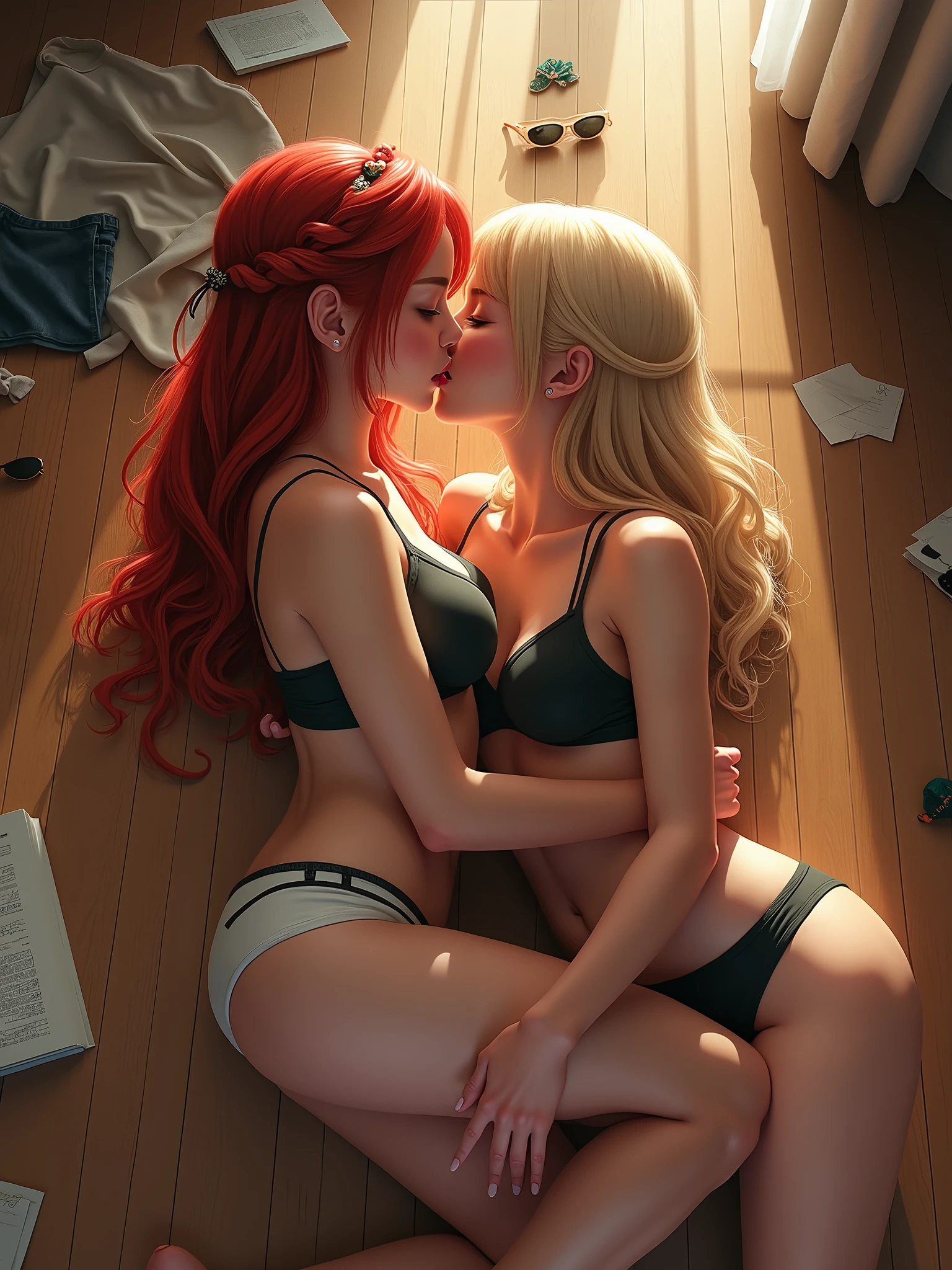 2girls, redhead Asian girl hair twisted half-up half-down, long blonde Swedish girl, lying on a hardwood floor, kissing, intimacy, wearing underwear, morning light atmosphere, sunglass and clothes in the background