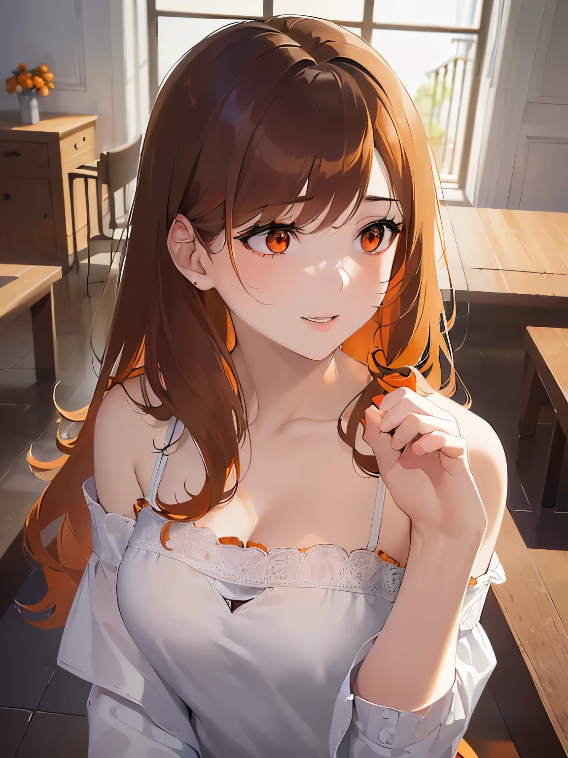 side angle, (looking away:1.5), Upper Body, Realistic, real person, (pale skin: 1.2), RAW photo, photorealistic, shiny skin, shiny hair、(A 2 woman with medium-length hair and bangs) and (wavy hair) and (brown hair) and (orange eyes:1.5), (white) and (off shoulder blouse) 、Cleavage、smile, The background is the living room、Alone、Are standing