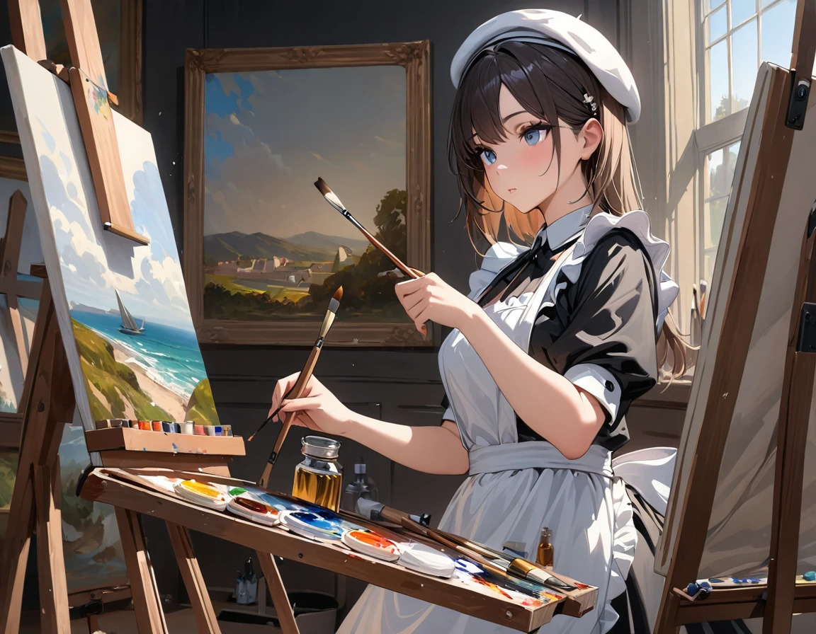 ((masterpiece)), ((best quality)), perfect detailed eyes, perfect detailed face, A girl wearing a maid's uniform painting an oil painting, Easel and canvas, Paintbrushes, oil paints, Artist, maid painting a still life, Wearing a beret