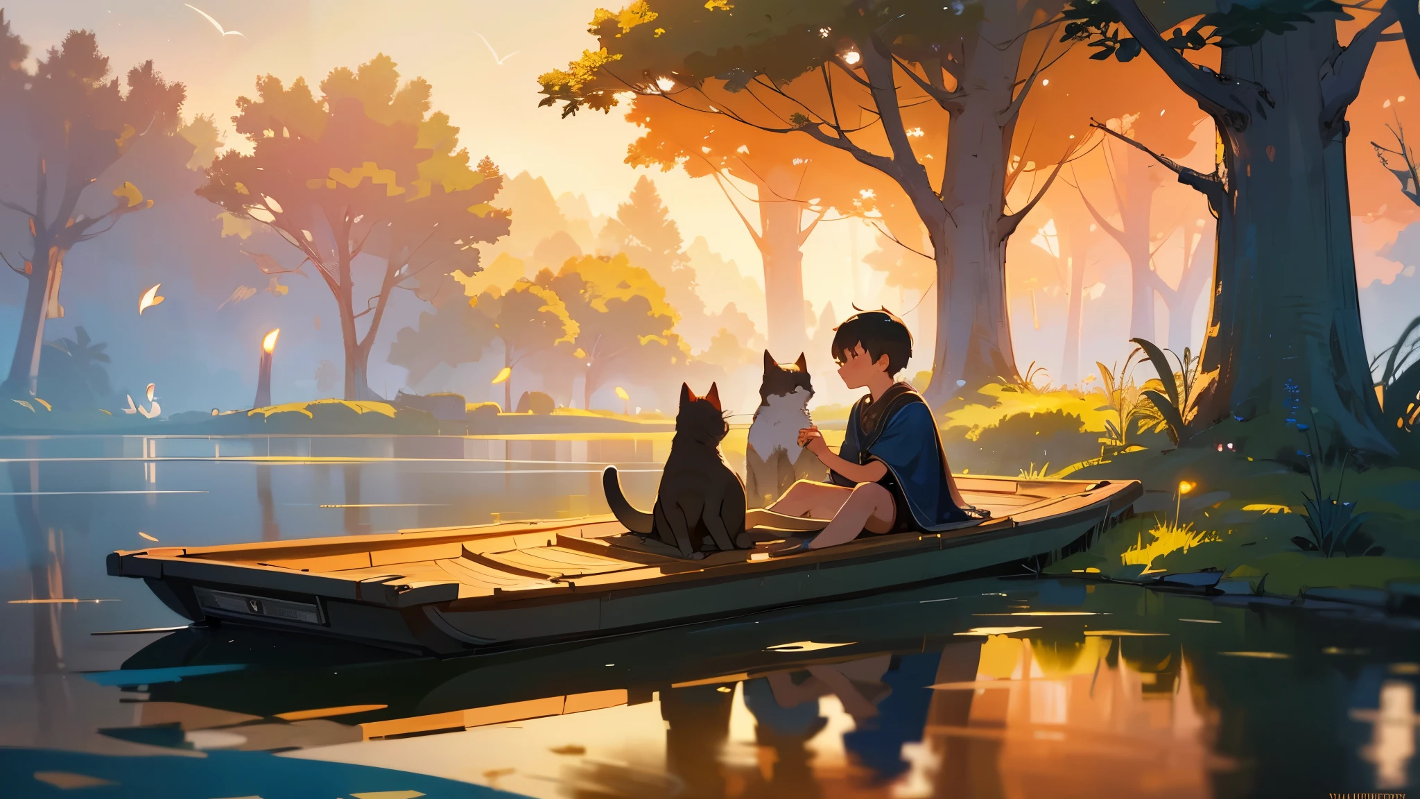 a young boy lying and looking up at the night sky, a cat sleeping on a small raft in a calm very small lake, fireflies illuminating the surroundings, glowing patterns on the grass, leaves, trees, and mushrooms around, atmospheric, serene, detailed, (best quality,8k,highres,masterpiece:1.2),ultra-detailed,(realistic,photorealistic,photo-realistic:1.37),digital painting,cinematic lighting,vibrant colors,beautiful landscape,tranquil scene,fantasy
