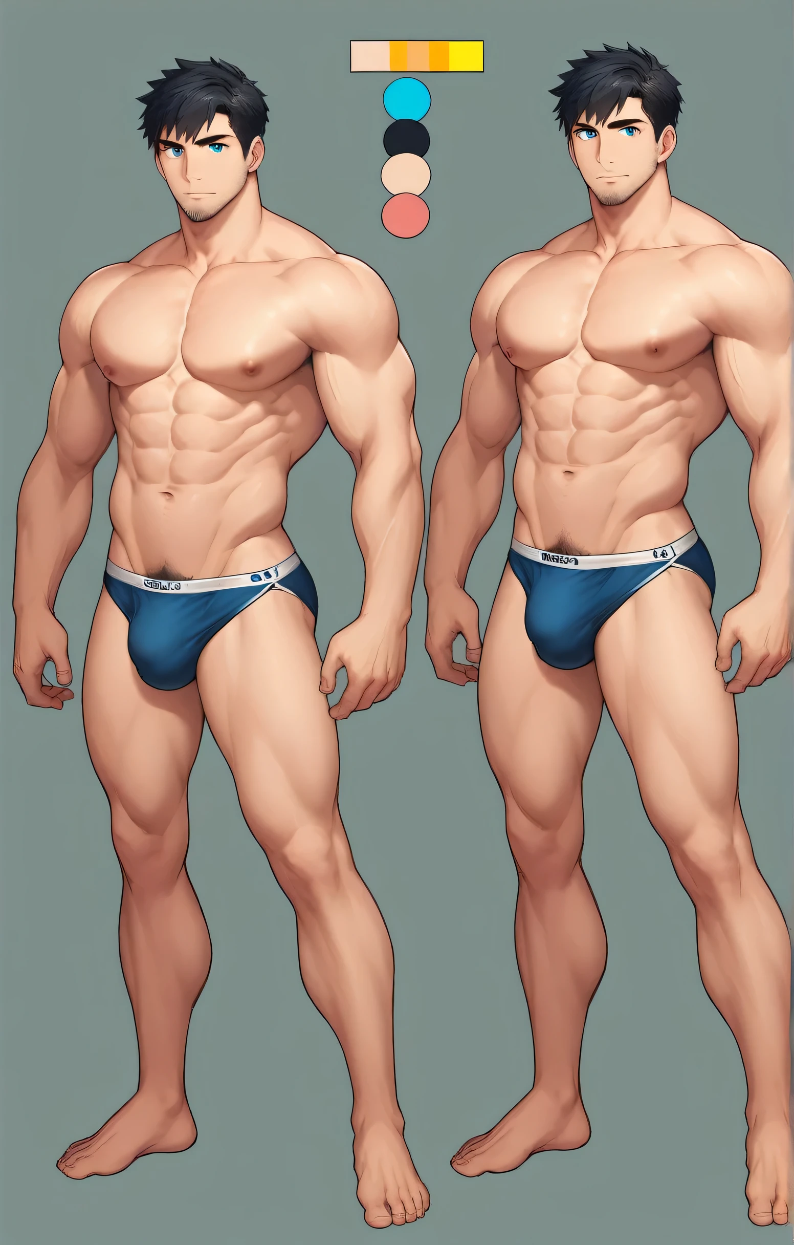 1boy, single, reference sheet, character design, front angle, side angle, left side angle, right side angle, dynamic poses, (masterpiece:1.2), (best quality:1.3), (reference sheet:1.5), adult anime male, huge man, very tall man, masculine body, muscle body, muscle tall male, athletic body, muscle builder, muscle, bulky body, giant, Bara, 6ft. male, (Blue eyes), (short hair), (short bangs), (black hair), (pale skin), (pale skin color), beard, naked, naked men, nude, nsfw, handsome, wide chest, string underwear, speedo, huge hips, wide hips, daddy, barefoot, not wearing pants, rugged, 40 years old, pubic hair, big bulge 