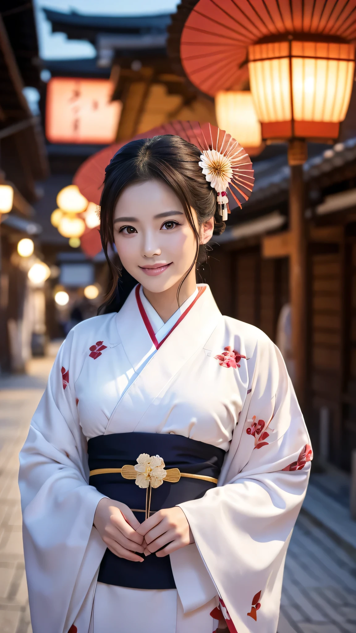 (Super beautiful woman in kimono)、((highest quality、8K masterpiece:1.3))、sharp focus:1.2、(super beautiful face:1.0)、(shiny skin:1.0)、realistic pictures、black hair、video lighting、High resolution eyes and face、video lighting、japanese actress、from the front、with a happy smile、whole body、wearing a kimono、in Kyoto、(luxury obi)、with a fan、Fireworks Display