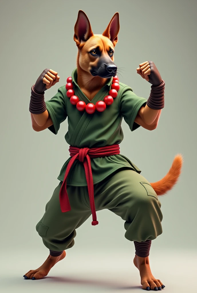 A Belgian Malinois. Wearing a green shirt, green trousers, brown wristbands, red belt, necklace with big scarlet pearls. Doing a kung-fu pose.