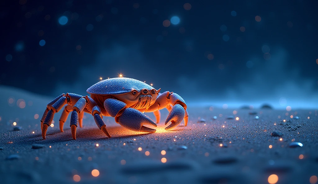 An enchanting night sky with a luminous crab made of stars, gently crawling across a celestial beach. The beach sparkles with cosmic sands, and the Cancer constellation glows brightly above, surrounded by twinkling stars.