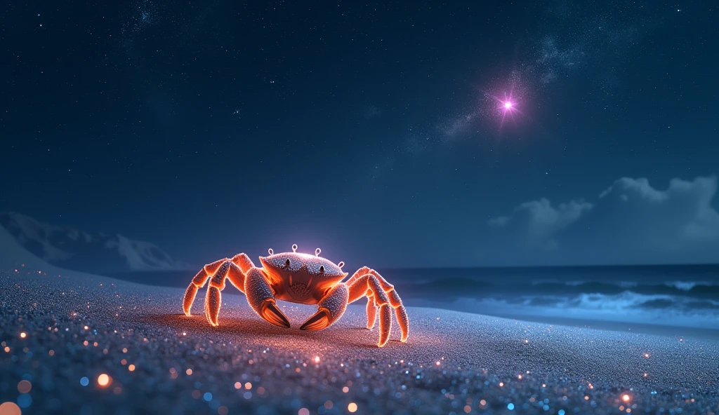 An enchanting night sky with a luminous crab made of stars, gently crawling across a celestial beach. The beach sparkles with cosmic sands, and the Cancer constellation glows brightly above, surrounded by twinkling stars.
