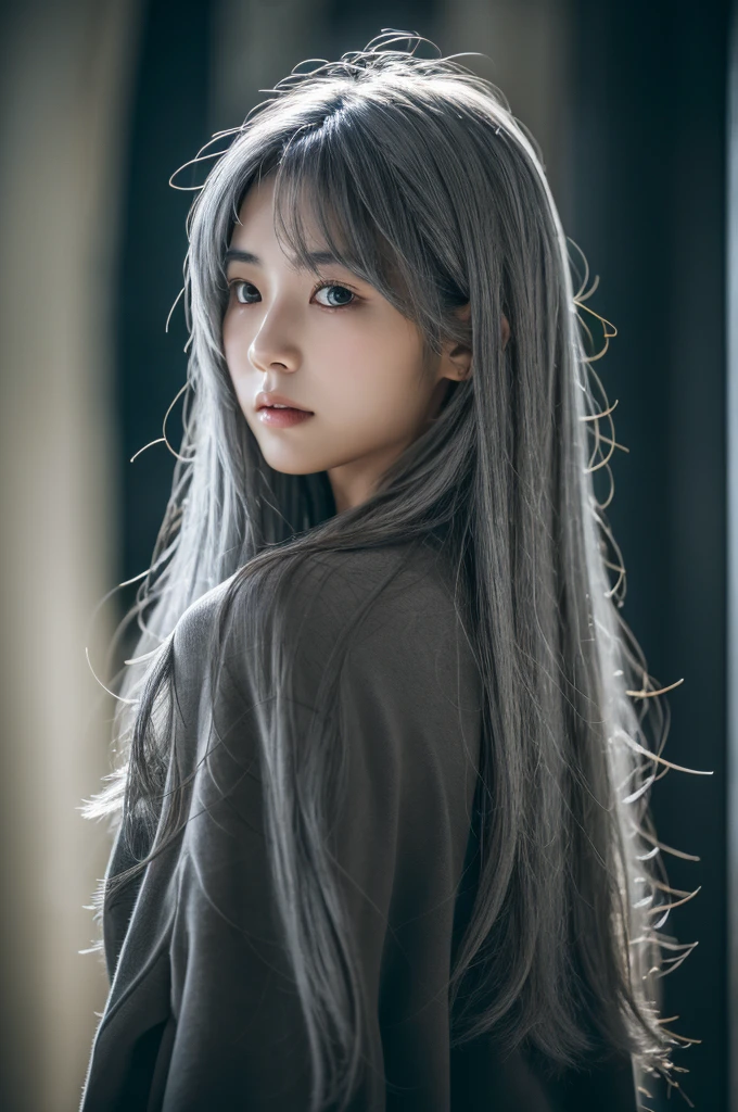 masterpiece, high quality, High resolution, 8k, (alone:1.2), ((One person)), Japanese women, Detailed face, Detailed eyes, Correct body structure, Upper Body, ((Gray Hair:1.2)), Very long hair, Messy Hair, Slender body, Captivating silhouette, Glowing Bones, Depth of written boundary, Nighttime dark photos, It's dim, bangs, Cinema Lighting, Tyndall effect, Abstract background, Futuristic costume, Vibrant colors, Modern Style, Wide sleeves, artistic, Unique Pattern, colorful, stylish, trend