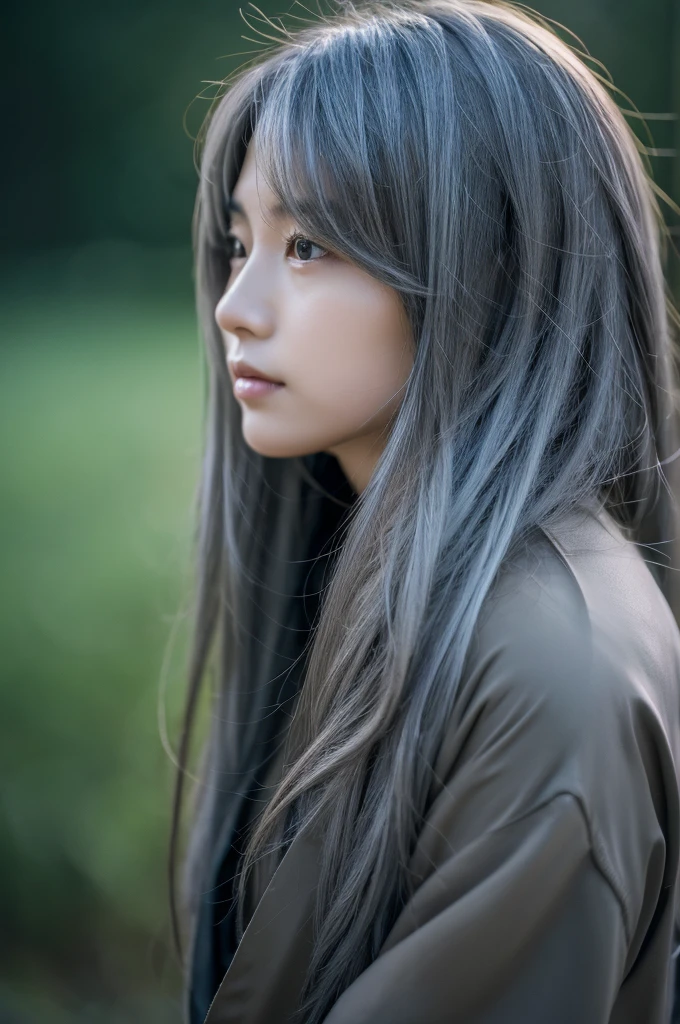 masterpiece, high quality, High resolution, 8k, (alone:1.2), ((One person)), Japanese women, Detailed face, Detailed eyes, Correct body structure, Upper Body, ((Gray Hair:1.2)), Very long hair, Messy Hair, Slender body, Captivating silhouette, Glowing Bones, Depth of written boundary, Nighttime dark photos, It&#39;s dim, bangs, Cinema Lighting, Tyndall effect, Abstract background, Futuristic costume, Vibrant colors, Modern Style, Wide sleeves, artistic, Unique Pattern, colorful, stylish, trend