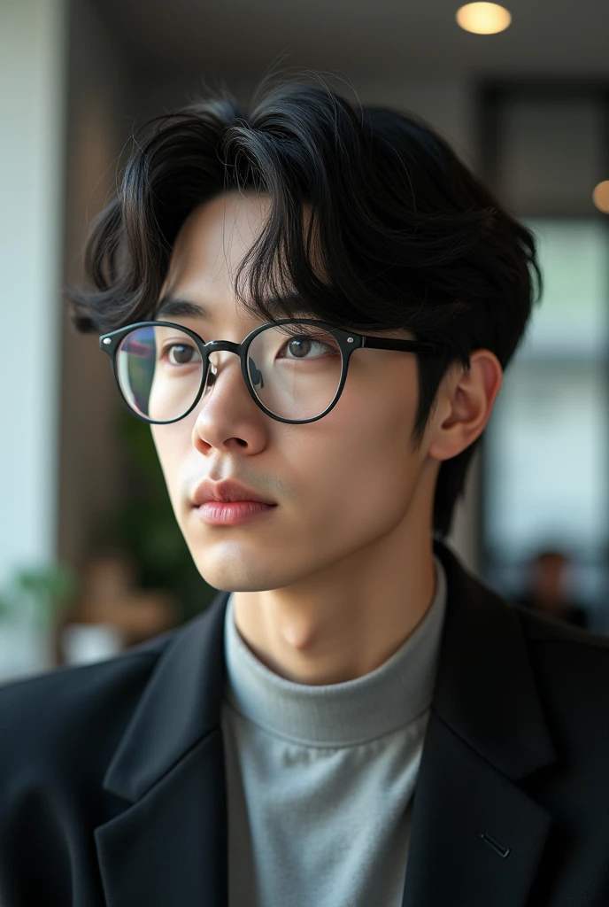 Handsome man, with hairstyles like Baek Hyunwoo from kdrama queen of tears. Wearing glasses in ai version 