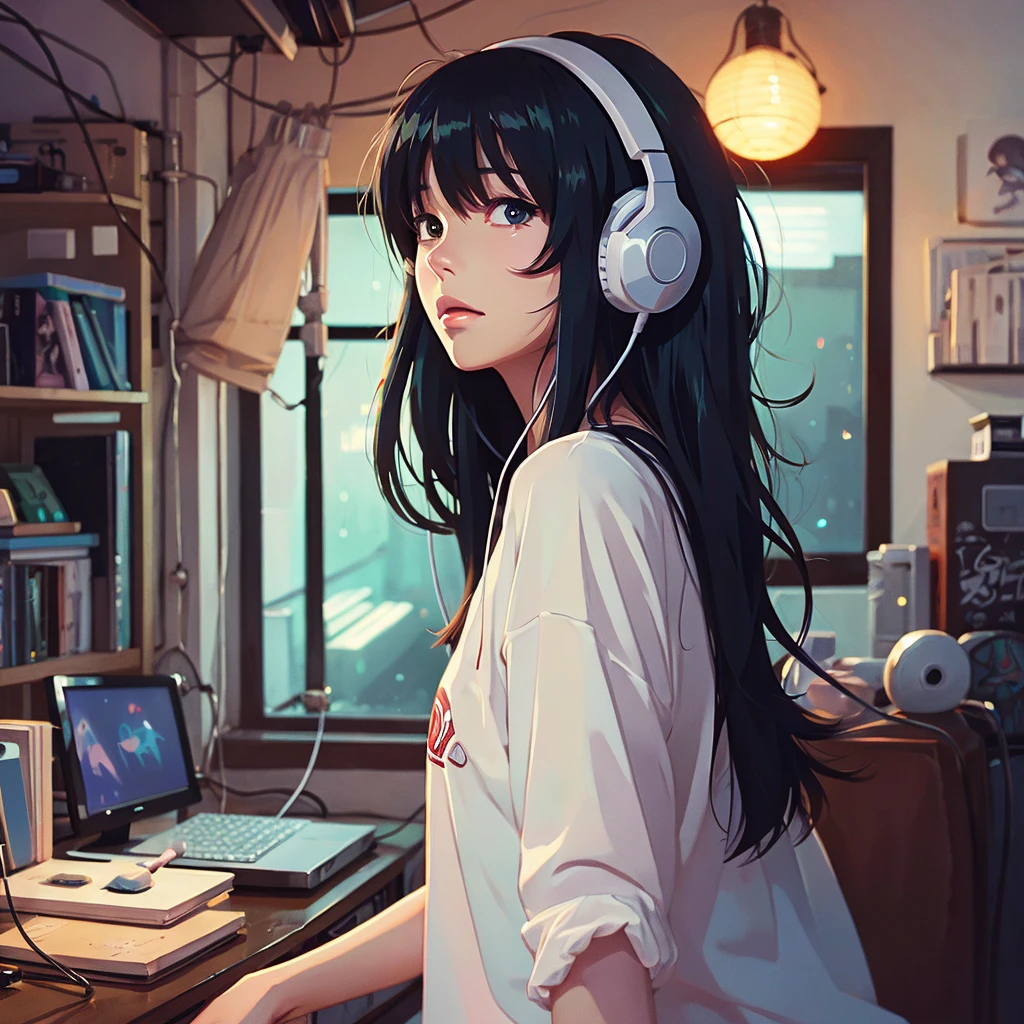 high resolution、beautiful girl、1people、anime、An illustration、headphone、Barely、night、Room