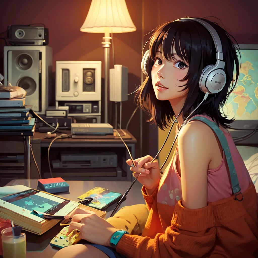 high resolution、beautiful girl、１people、anime、An illustration、headphone、Barely、night、Room