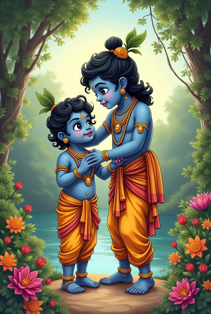 Cartoon god Krishna with his father