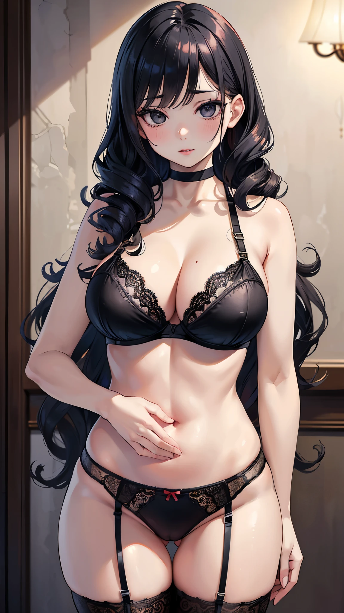 (masterpiece, 最high quality, 超High resolution, Very detailed), (Realistic:1.1, photoRealistic:1.4), Perfect illustration, Perfect lighting,Perfectly detailed hair, Perfect and exquisite face, Perfect collarbone, Perfect body,Juicy breasts, Perfect Thighs, Beautiful legs, View your audience, 1 person,Perfect Face, (Perfect Anatomy, Anatomically correct), Symmetrical face、((Shiny Hair)),Sexy Body、(masterpiece),(最high quality:1.3),8k,Very clear,(Ultra-realistic),Captivating woman,(high quality, High resolution, The finer details), Realisticなスタイルの女性,Juicy breasts、Perfect Woman、Perfect Face、Symmetrical face、Baby Face、((Big breasts))、blush、((Juicy lips))、Cowboy Shot、(((Curly long black hair)))、((Large, double-set black eyes、Long eyelashes))、(Red Makeup)、(((Sexy bra and panties)))、(Panties digging in)、((garter belt))、(Healthy and well-developed body)、((Big tits jk))、(indoor、Nightclub)