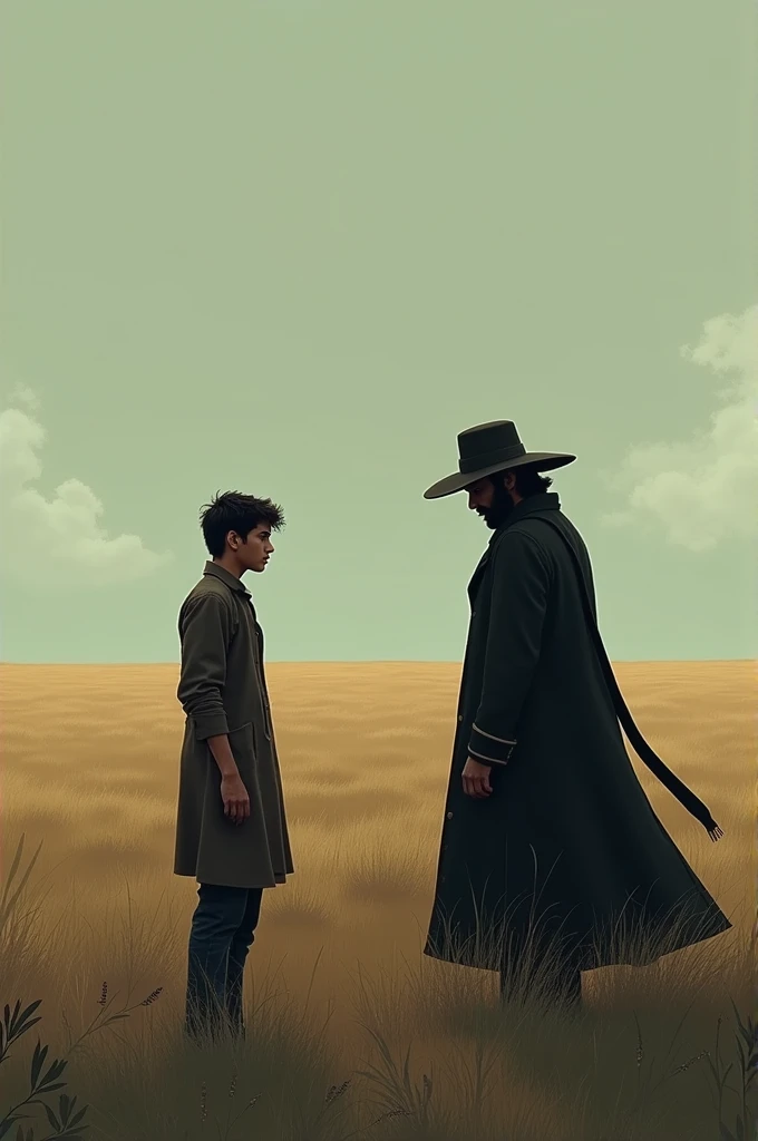 The mysterious man, now closer to Kishan, speaks in a low voice, offering him a deal. Kishan stands in the field, slightly confused, with the mysterious man wearing a long coat and hat, gesturing subtly. The scene captures the tension and curiosity in Kishan's face."