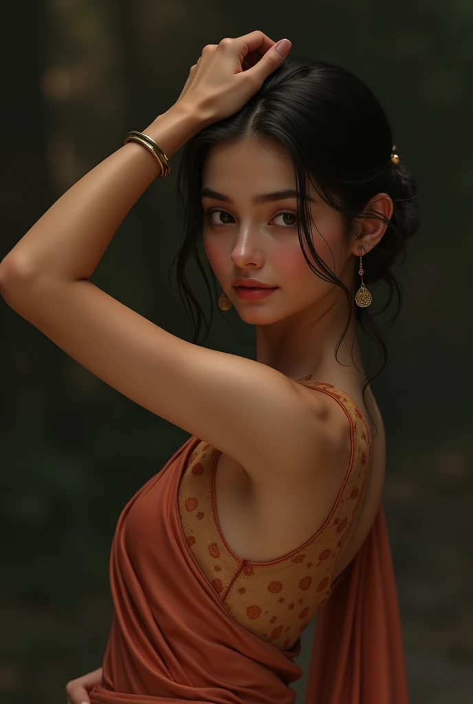 Girl in sleeveless saree raises her arm showing armpit, sweaty