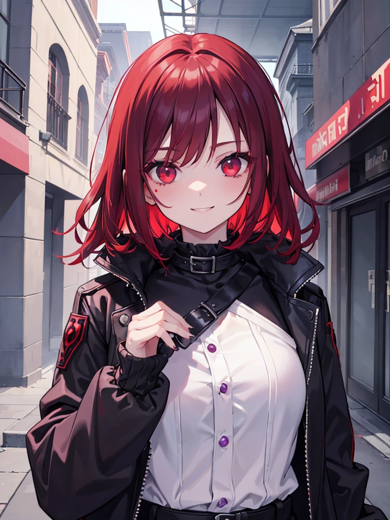 a girl, red eyes, so short red hair not have bangs, noble, mafia. sadistic women, wavy hair. wear black purple winter jacket. strong woman. vampire. smiling arrogant. wavy short hair. sadistic, vampire eyes. burn