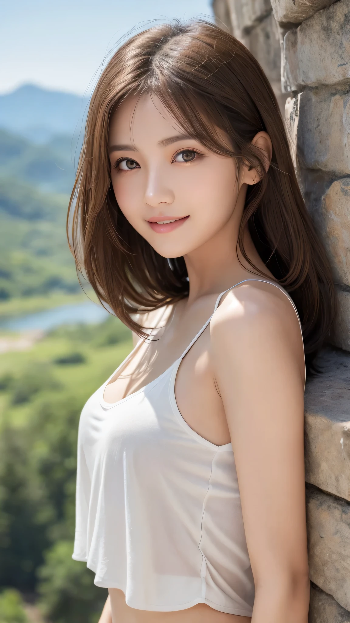 highest quality、genuine、Super detailed、finely、High resolution、8k wallpaper、one beautiful woman、、、light brown disheveled hair、wearing a white tank top、sharp focus、beautiful and detailed eyes、thin hair、Detailed genuine skin texture、smile、model body shape、In a mountain