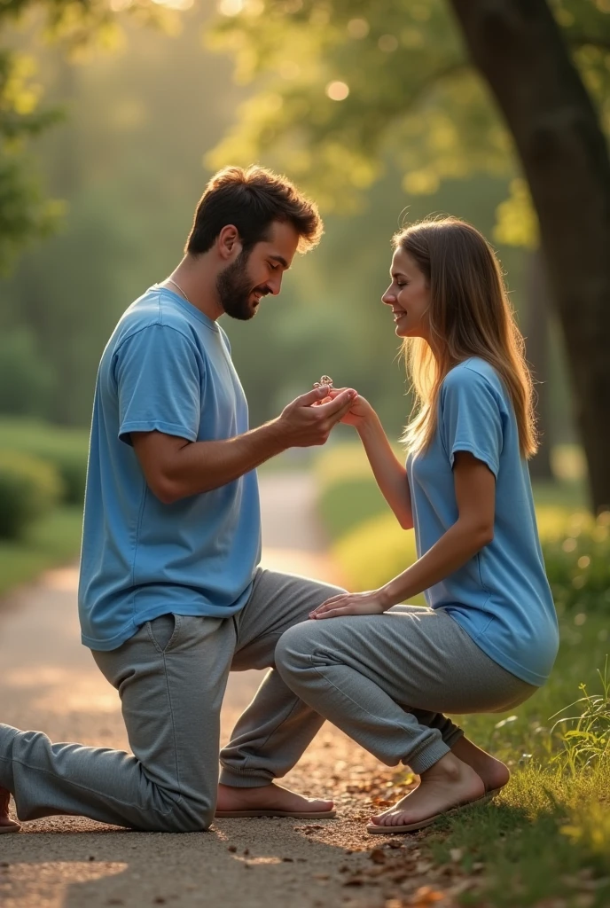 A handsome man wearing oversized t shirt ( sky blue ) and a grey joggers , praposing girl for being her girlfriend with a beautiful ring in his hand 
