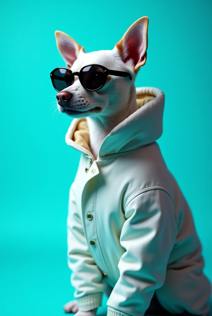 The best cell phone wallpaper, Award-Winning Wallpaper, portrait photography, In the front view is a portrait of a cute dog wearing mid-1960s space age fashion, Side view photo, Shot with Canon EOS R5, Set a strong contrast that accentuates the subject, Fluorescent blue tone, Wearing a very modern coat and sunglasses is a modern 1960s style, Clothes all in one color, beautiful background