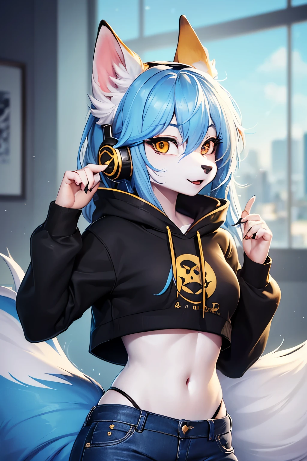 (work of art, Maximum quality, best qualityer, offcial art, beautiful and aesthetic:1.2) Uma Furry Fox Gamer, Using a Black and Gold Headset, long light blue hair, white fur, gold eyes, Wearing a Black Sweatshirt and Dark Blue Jeans.