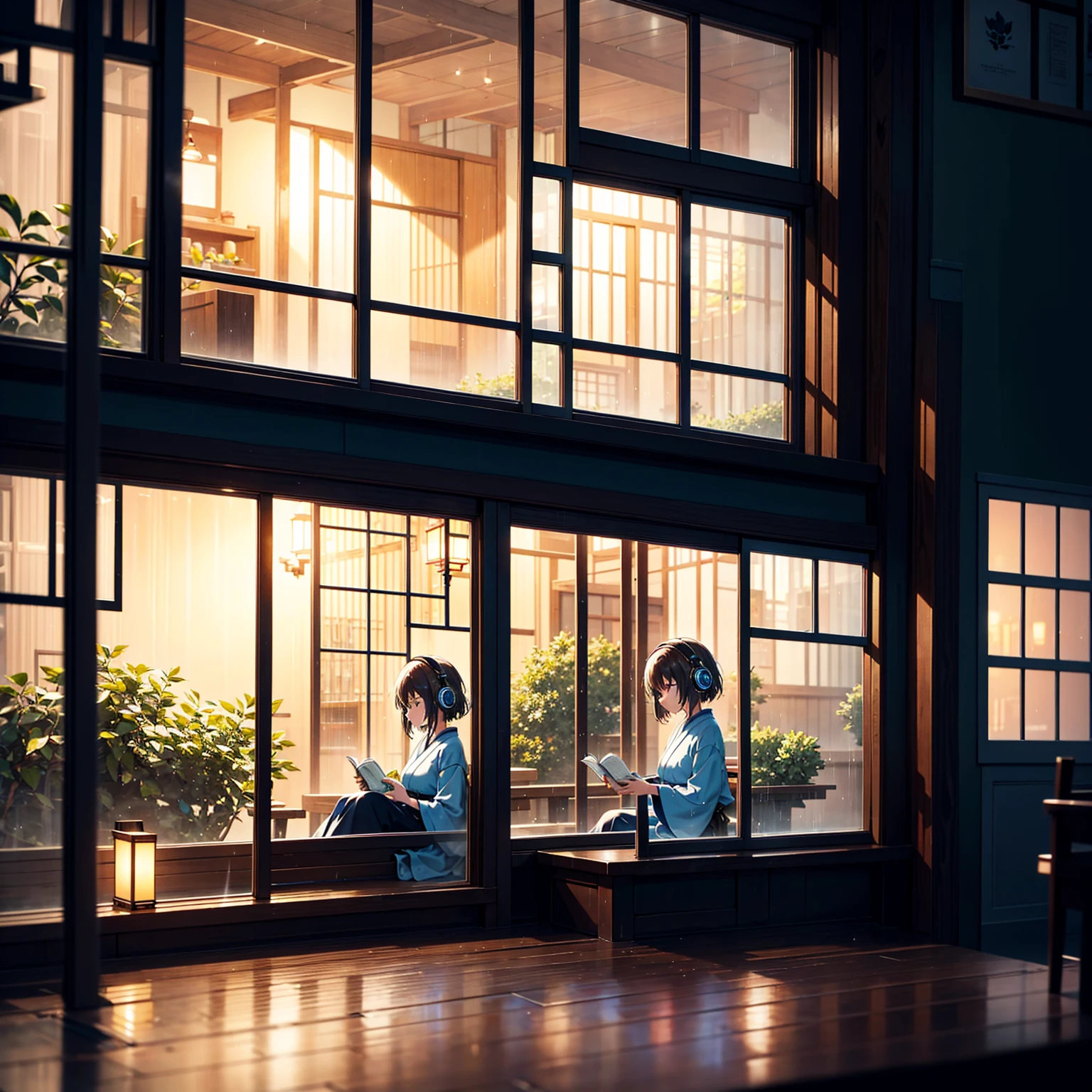 Describe a cozy little cafe seen from the outside at night, with soft lights and a peaceful atmosphere. In the background, a young japanese woman is sitting by the window, listening to lofi music with you full of light over ear headphones, while drinking a coffee and reading a book. Gentle rain falls outside, the drops hitting the windows creating a feeling of peace and relaxation. A cozy café glows softly at night, exuding a peaceful atmosphere. A young Japanese woman sits by the window, immersed in lofi music through her bright headphones, sipping coffee while reading a book. Gentle rain taps against the glass, enhancing the calming ambiance. -niji 6 --aspect 1:1 --stylize 1536x1536--quality 1 --chaos 0y Greg Rutkowski,