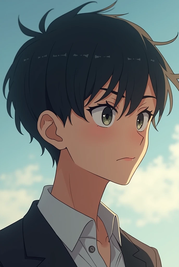 Anime character boy age 12 years, face shape square, personality inteligent , introvert, mature, hairs are front side, very small eyes rectangular shape