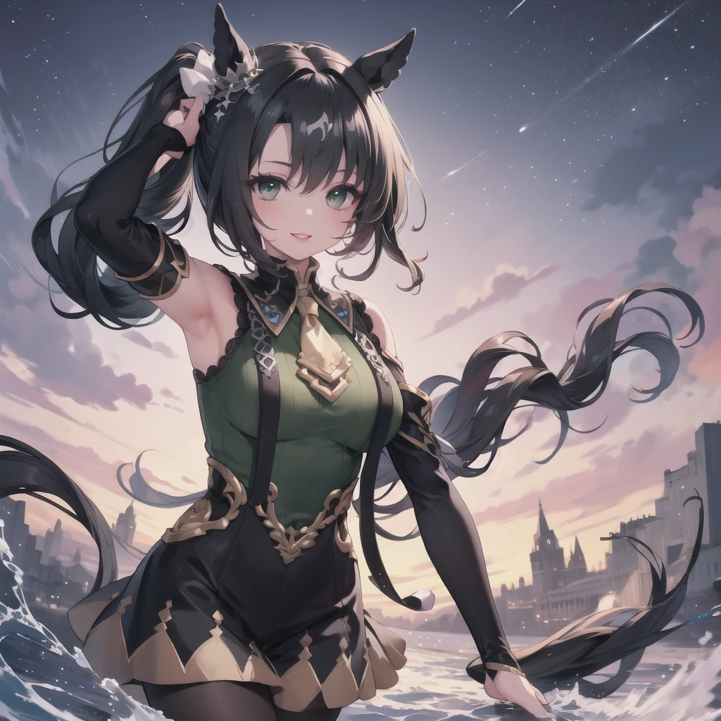 Highest quality、Highest quality、Highest Resolution、masterpiece、Anime Drawing、solo、1 person。green shoulderless long knit。pantyhose。lipstick、smile。Glamorous Body、Beautiful breasts、Touch your head with your hand、Active Posing。Black Hair、Long Hair、ponytail。Lots of hair ornaments。Beautiful child with horse ears。Night Sky、Strong winds、Chest centered。
