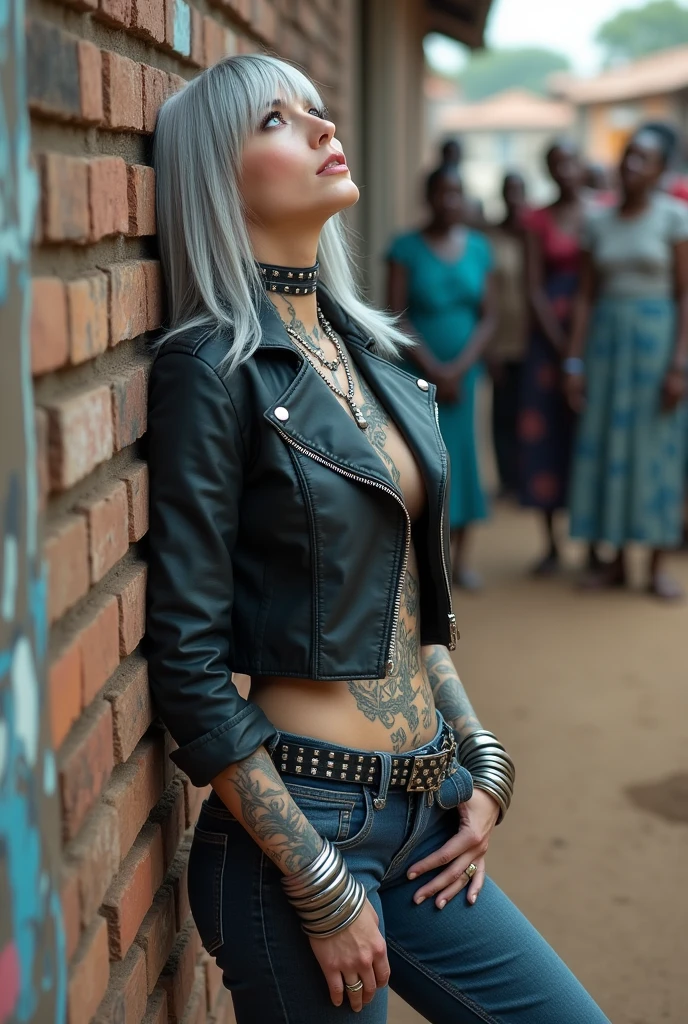 russian milf woman, grey  hair (straight, middle part), with very light blue eyes, extremely pale skin. All neck tattooed. All stomach tattoed. All hands tattooed.Wearing cropped aged black moto jacket with lots of zippers and pins, flipped up collar.. Dark blue skinny  jeans.. wide black studded belt. Leaning back on a graffitied brick wall  with hands on her hips, looking up, chin up, stretching her neck , humble facial expression.. Listening with tilted head, looking up to somebody more clever  speaking to her from the sky, upper teeth visible. Well toned abdominals, thin neck, slim legs and thin arms. Narrow hips. Dirt street in Kenyan village full of waste. Lots of silver bracelets. A lot of tanned fat women  in traditional dresses around looking down at her