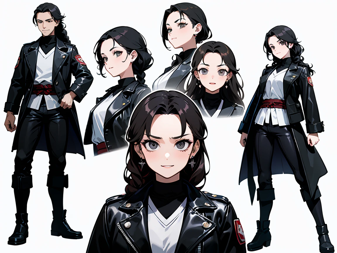 Highest quality, Detailed face, White background, Character Sheet,((Adult women:1.5))), ((whole body:1.2)), Full of details, multiple postures and expressions, Serious face, smile, Very detailed, depth, 1 Adult women, No bangs, (Black long hair, Grey sexy eyes, Wavy hair, Black leather jacket outfit, tall, smile, Rage, Martial arts poses, cool,Medium chest, High-necked shirt, strap,Earrings, Skinny black jeans, Black braided boots, セクシーなsmileとポーズ,