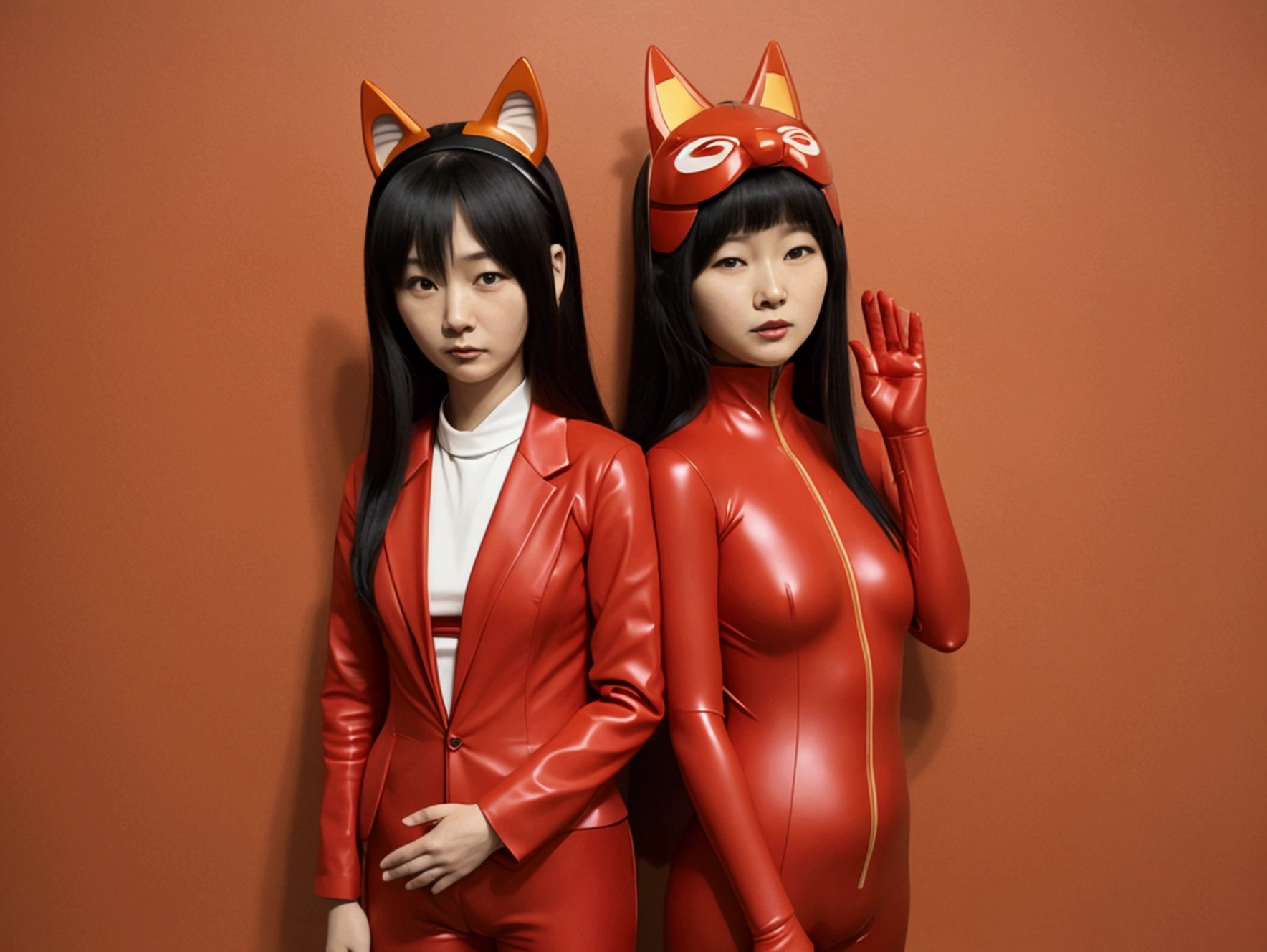 there are two women in red costumes posing for a picture, a poster by Tadashi Nakayama, tumblr, sōsaku made, otomo, satoshi - kon, asuka suit under clothes!, japanese 1 9 8 0's album cover, with kitsune mask, full body zenkai! asuka suit, eiko ishioka