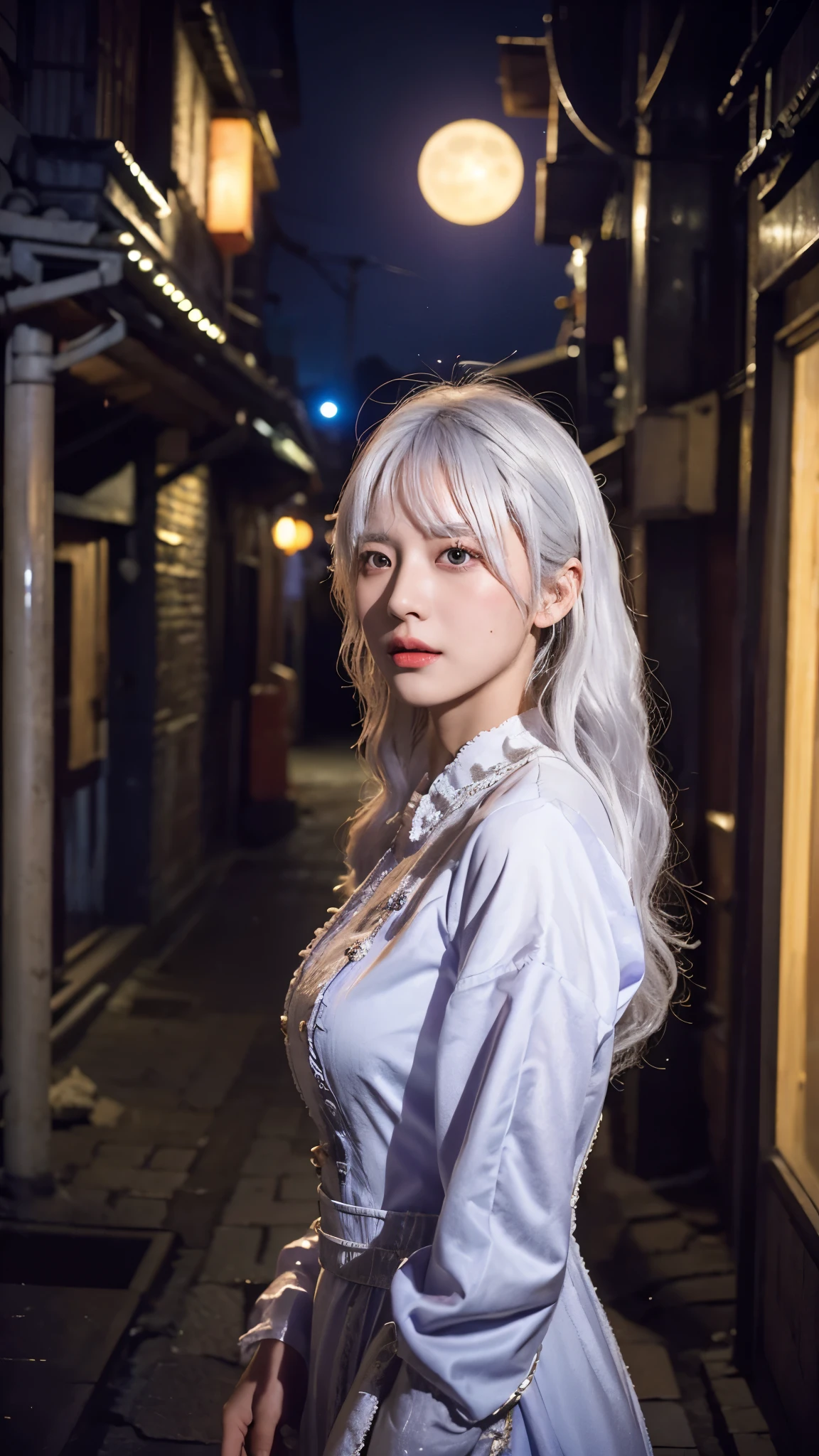 in kowloon city alley, a beautiful girl yodeling, subsurface scattering, Photorealistic, Hyperrealistic, analog style, realistic, film photography, soft lighting, photo, cinematography, high resolution, 8k, syndra, white hair, purple eyes, dark_sphere, night view, full moon
