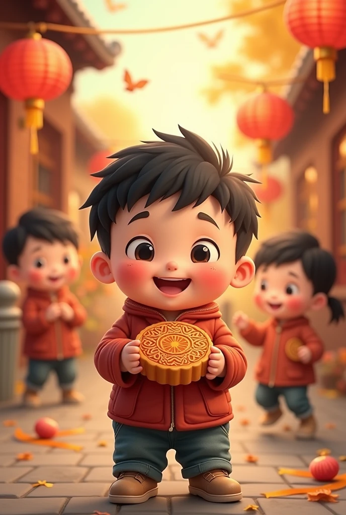 Draw me a picture , chubby boy holding moon cake for children