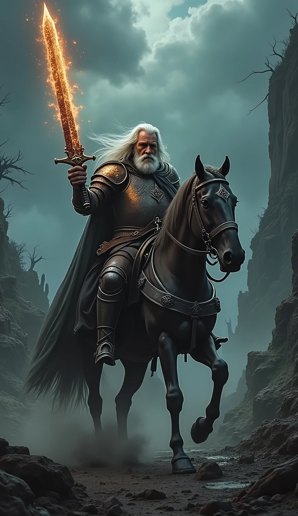 A knight on horseback with a massive magical sword with fiery runes. Dark landscape in the Middle Ages. The knight is an old man with white hair. Has ring armor . Realistic photo. A storm in the background 