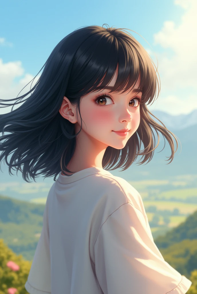 The girl with shoulder-length black hair turned her head back and smiled, her hair flying in the wind.