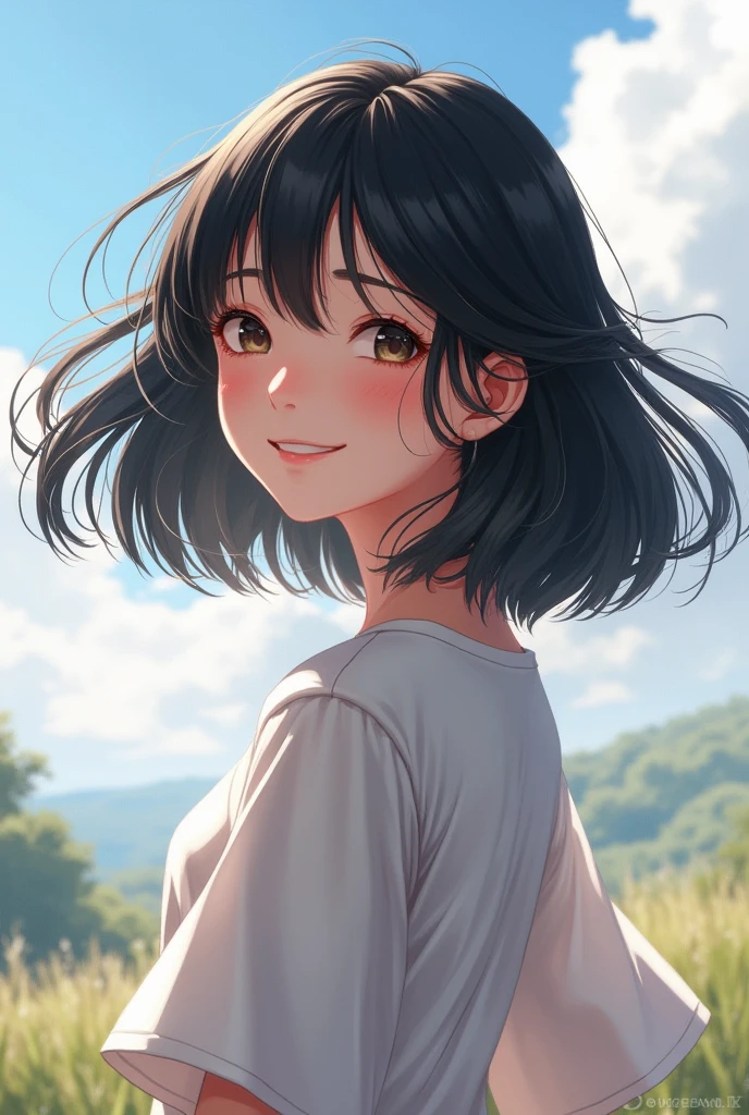The girl with shoulder-length black hair turned her head back and smiled, her hair flying in the wind.