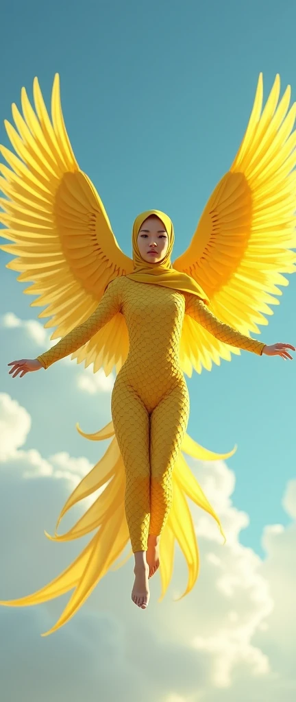 The most beautiful,thin,most pretty and clever malaysian muslimah adult girl wears yellow Bird lycra turtleneck unitard catsuit covered with seamless scales.She always wear bird lycra dancewear stretchy square hijab covered with seamless scales.She has bird costume wings.She has a bird tail.She is flying up the sky.