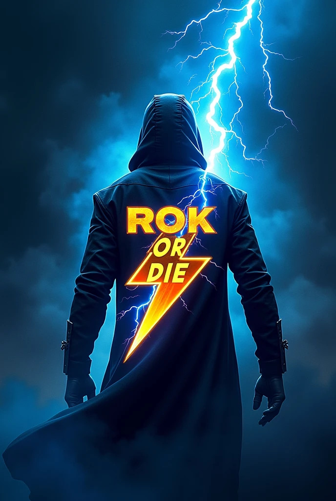 Cryptocurrency With the letter ROCK OR DIE and lightning in the middle in blue and gold colors Add the name dex Raiden in the image Add a large lightning bolt