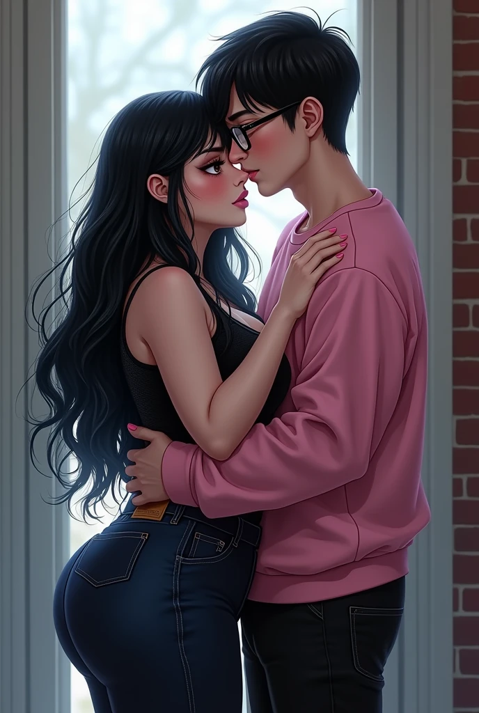 Couple of boyfriends, she is gothic with a curvy body, big cheeks, big butt, black hair with blue and big brown eyes, clear skin, He has straight hair combed up and small rectangular glasses and a wide nose and a pink sweatshirt and black pants.