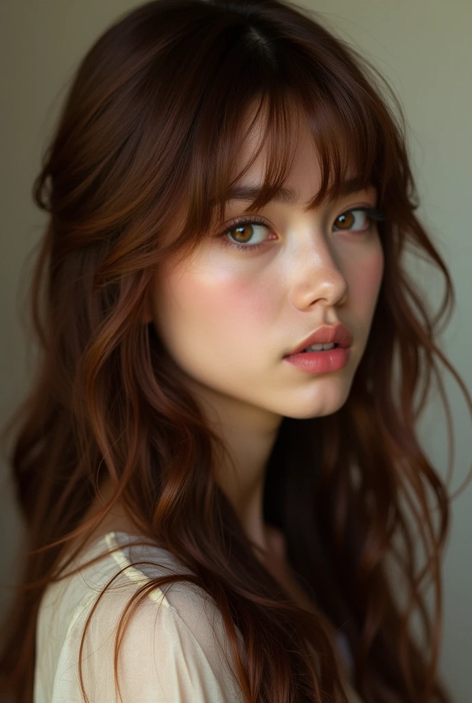 Long brown hair with bangs