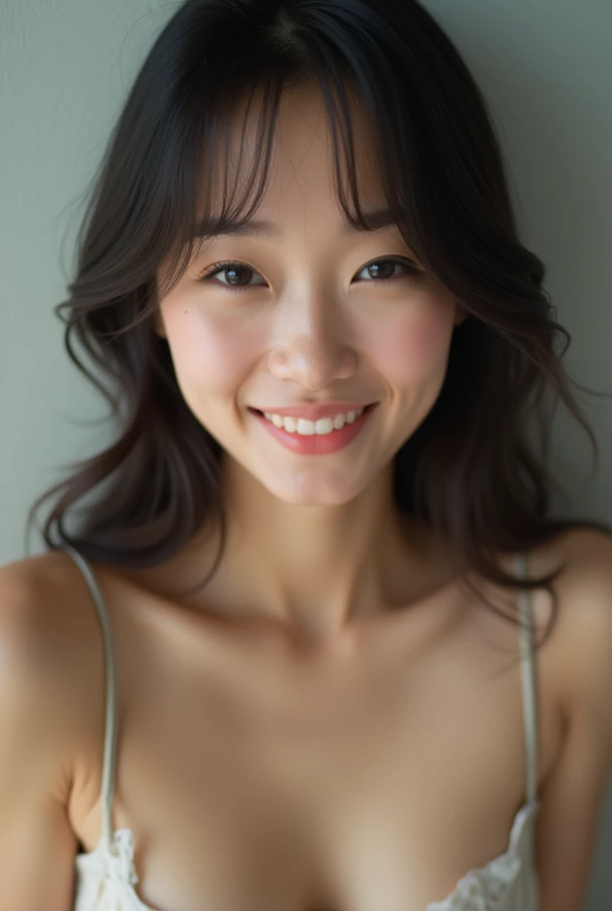 A selfie taken by a fair-skinned Japanese woman bending forward。Smiling。Wearing a tank top。The chest is very sexy。Soft Light。Selfie style。