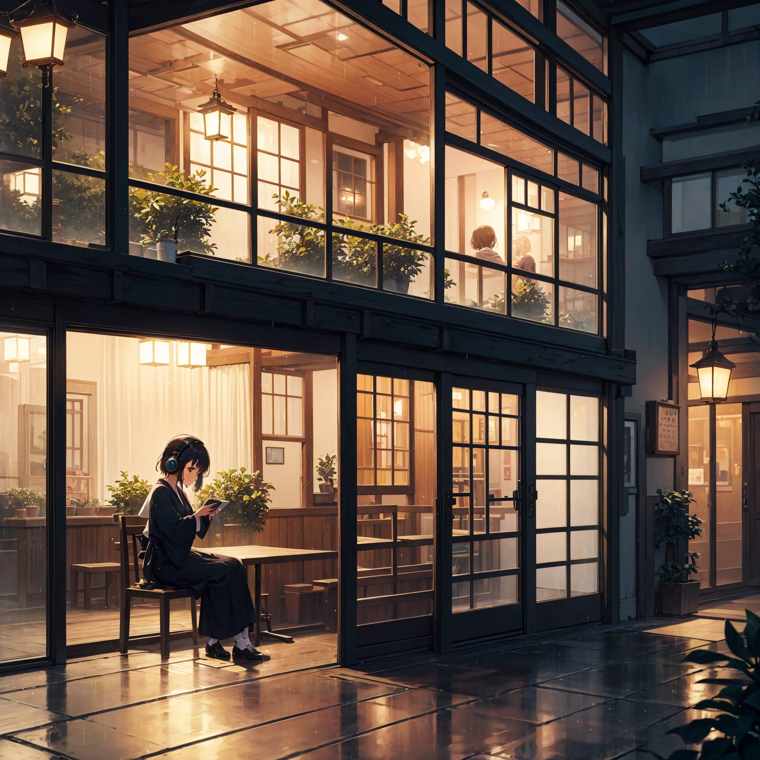 Describe a cozy little cafe seen from the outside at night, with soft lights and a peaceful atmosphere. In the background, a young japanese woman is sitting by the window, listening to lofi music with you full of light over ear headphones, while drinking a coffee and reading a book. Gentle rain falls outside, the drops hitting the windows creating a feeling of peace and relaxation. A cozy café glows softly at night, exuding a peaceful atmosphere. A young Japanese woman sits by the window, immersed in lofi music through her bright headphones, sipping coffee while reading a book. Gentle rain taps against the glass, enhancing the calming ambiance. -niji 6 --aspect 1:1 --stylize 1536x1536--quality 1 --chaos 0y Greg Rutkowski,