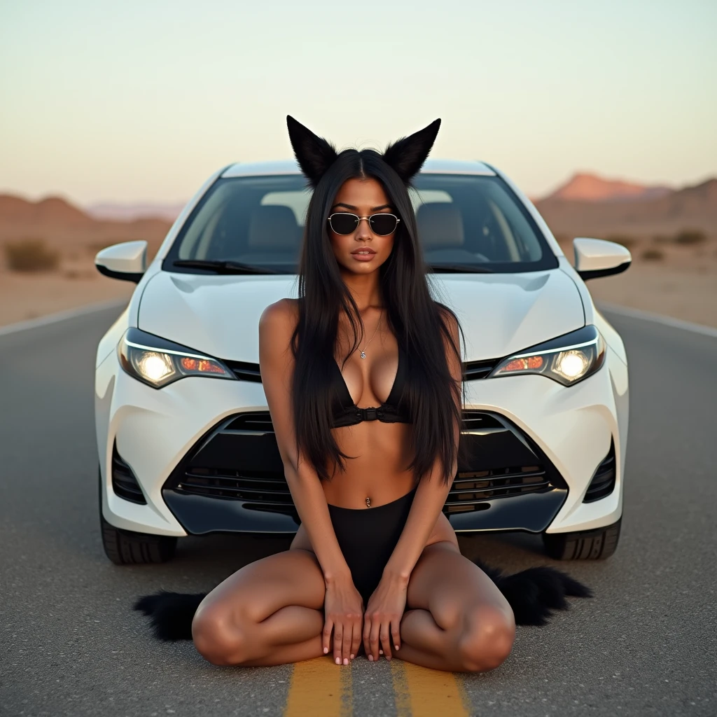 Nude brunette woman, twin tails of black hair, huge breasts topless, Athletic legs, fox ears, adidas fox tail shorts black, black sheer bra, aviator sunglasses, Adidas shoes, Sitting in a white 2016 Toyota Corolla car in the middle of the desert road 