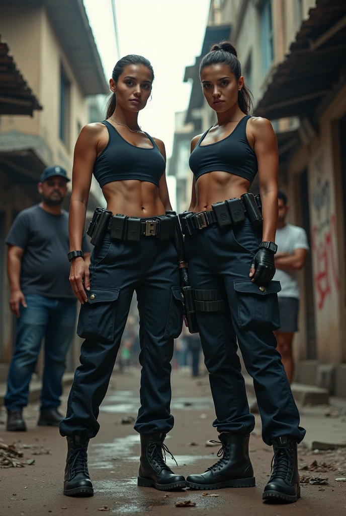 Two policewoman with athletic build photoshoot at the slum area filled with gangsters