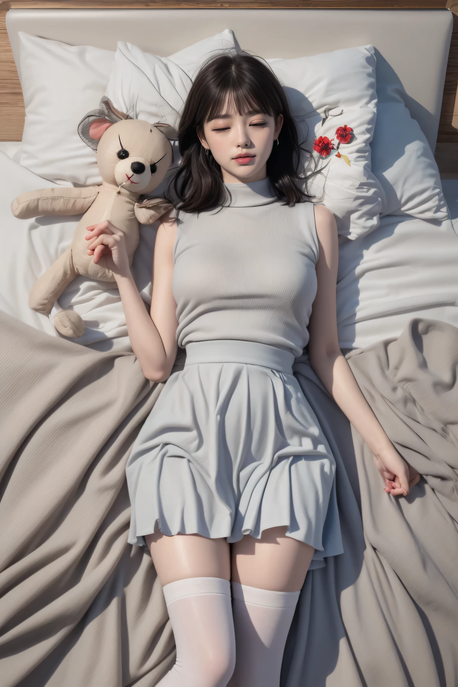 ((Lying in bed))、Mature Woman、Light blue hair、((Light grey hair))、(((Two-tone hair)))、Black taupe dress with delicate light blue decoration、Slender women、Cute Woman、 8K Ultra HD,Detailed face、Delicate texture, Long Hair、(((Blunt bangs)))、(((Drill Hair)))、Tutu skirt、Thigh-length tights、short boots、((Oriental router))、mini skirt、A room in a Western-style building、((Delicate photo)),(Girl Astepeace RAW Photo Details:1.25), (Highest quality:1.6), (Ultra-high resolution:1.5), (Realistic:1.75), 8k resolution, Canon EOS R5, 50mm, Absurd, Very detailed,Cinema Lighting、((stuffed toy:1.3))、Browsing Caution:1.5(Full Body Shot)、(Eyes closed),
