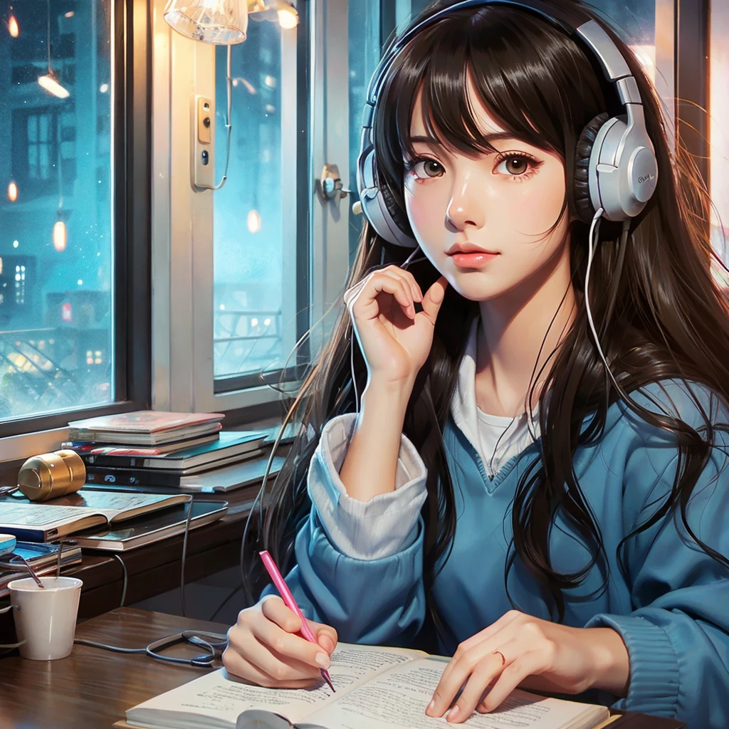 high resolution、beautiful girl、1people、anime、An illustration、headphone、Barely、night、Room、Focus on your studies!、The eyes are on the notebook!