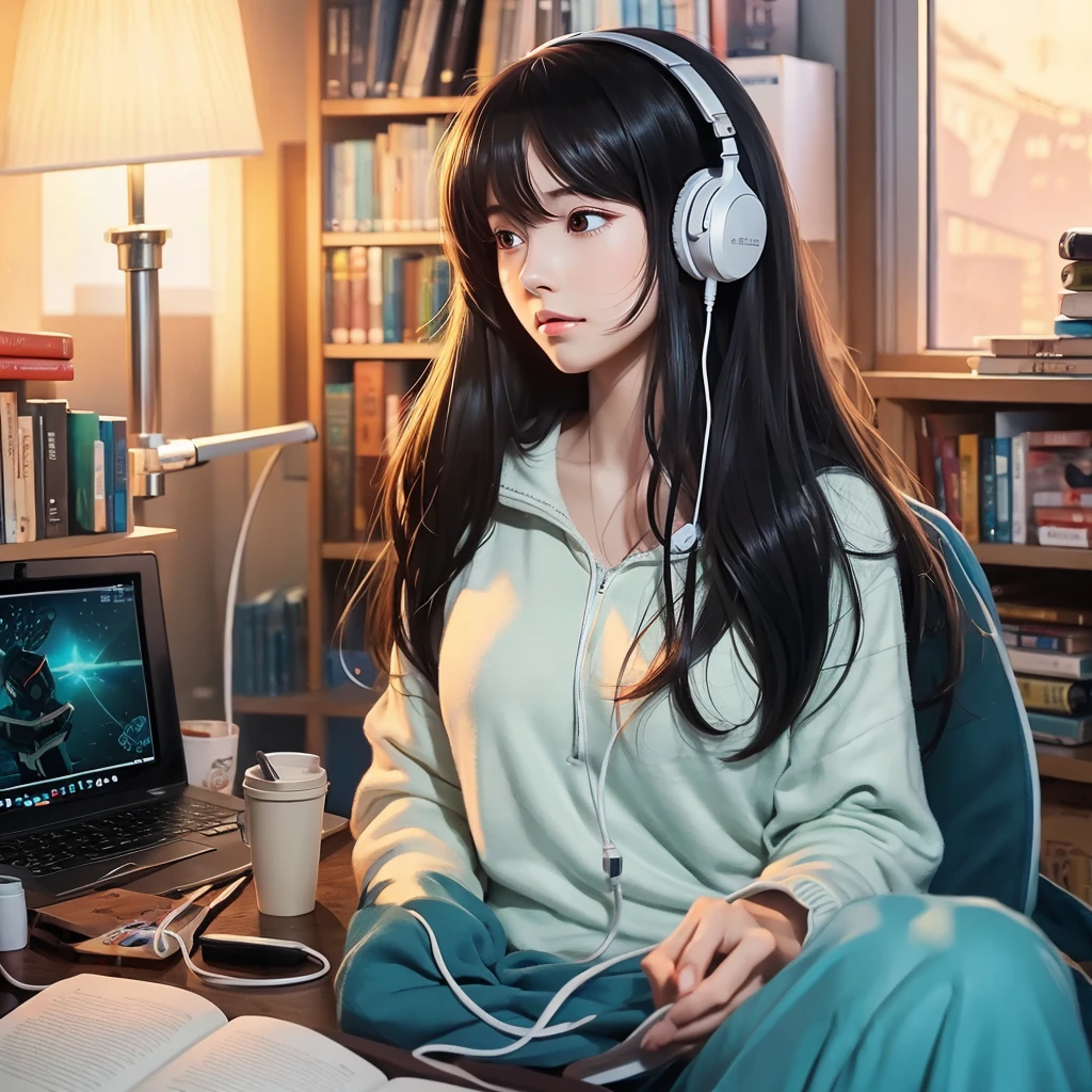 high resolution、beautiful girl、1people、anime、An illustration、headphone、Barely、night、Room、Focus on your studies!、The eyes are on the notebook!